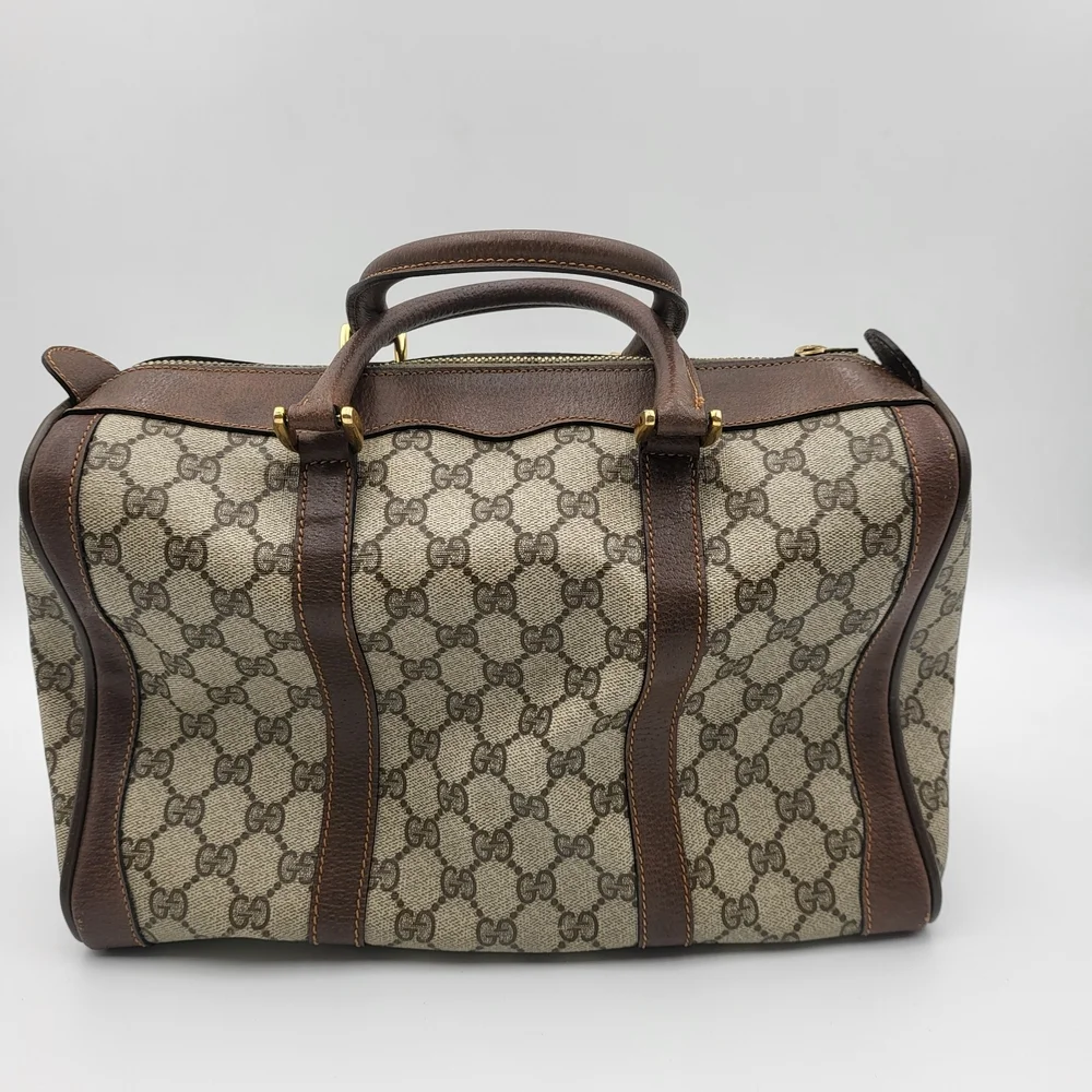 Gucci Beige Monogram GG Canvas Satchel with Brown Leather Handles
